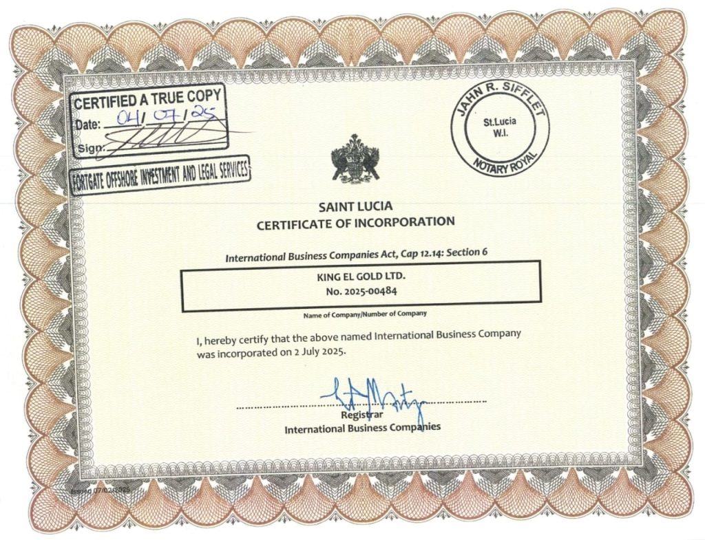 KING EL GOLD LTD Certificate